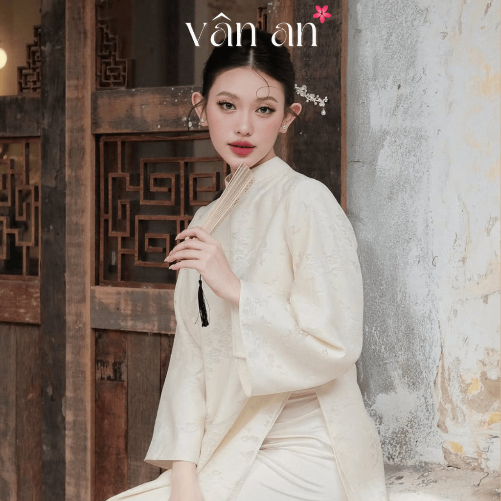 [VAN AN] MOC TRA Ao Dai - Long Style, Long Sleeves With 4-Panel Design - Silk Material Embroidered With Lucky Bird Pattern - (AVAILABLE)