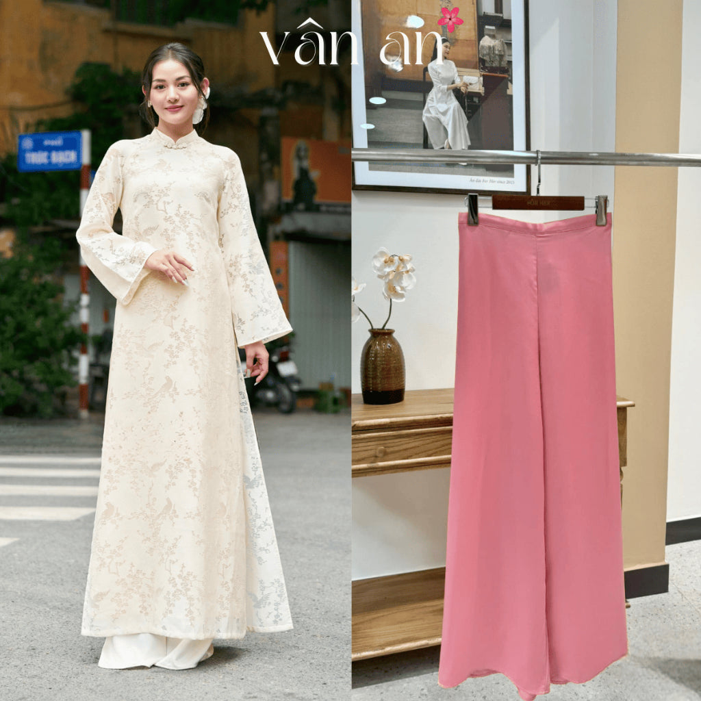 [VAN AN] MOC TRA Ao Dai - Long Style, Long Sleeves With 4-Panel Design - Silk Material Embroidered With Lucky Bird Pattern - (AVAILABLE)