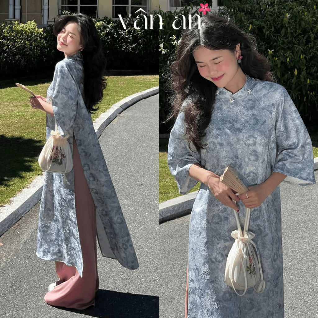 [VAN AN - TET 2026] TRUC LAM Ao Dai - Straight cut, Half sleeves, Two panels - Woven brocade material, floral charm on collar