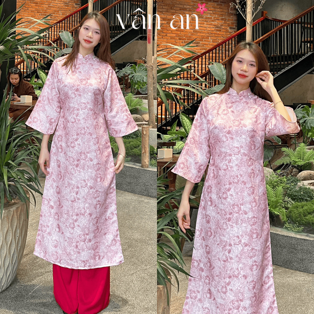 [VAN AN - TET 2026] TRUC LAM Ao Dai - Straight cut, Half sleeves, Two panels - Woven brocade material, floral charm on collar