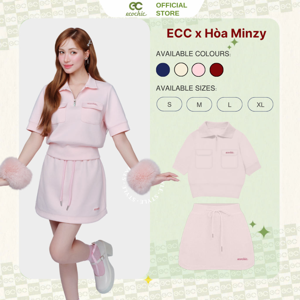 ECOCHIC CANDY CLOUD SET Polo Halfzip Crop Shirt with Skirt Made of High Quality, Soft, Genuine Material B168 