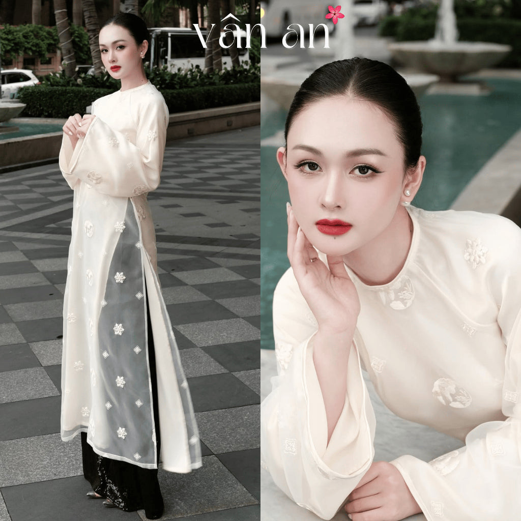 [VAN AN] NGUYET LINH Ao Dai - TET Ao Dai - Long Sleeves, Long Design with 4 Panels - Silk Material with Embroidered Cake Pattern