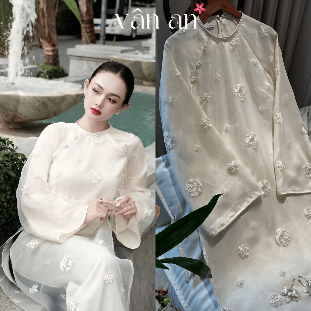 [VAN AN] NGUYET LINH Ao Dai - TET Ao Dai - Long Sleeves, Long Design with 4 Panels - Silk Material with Embroidered Cake Pattern