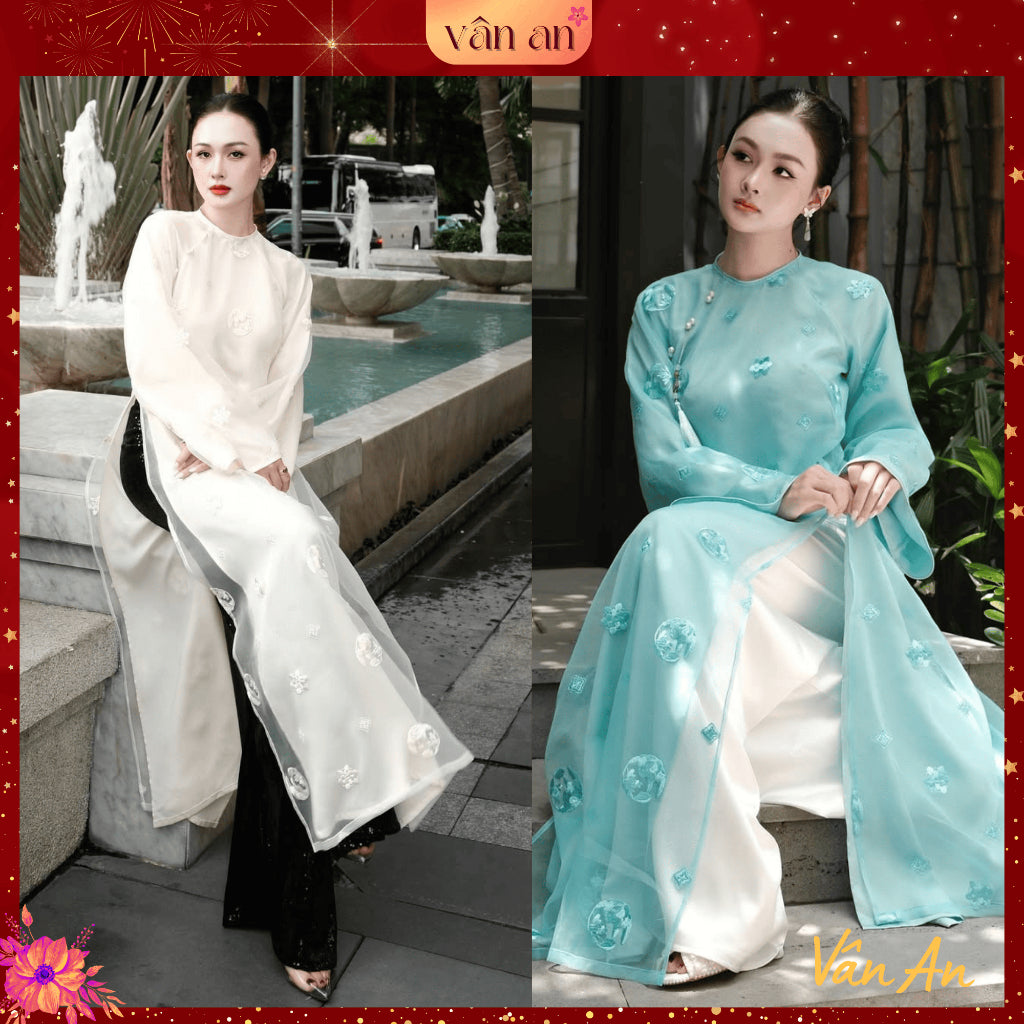 [VAN AN] NGUYET LINH Ao Dai - TET Ao Dai - Long Sleeves, Long Design with 4 Panels - Silk Material with Embroidered Cake Pattern