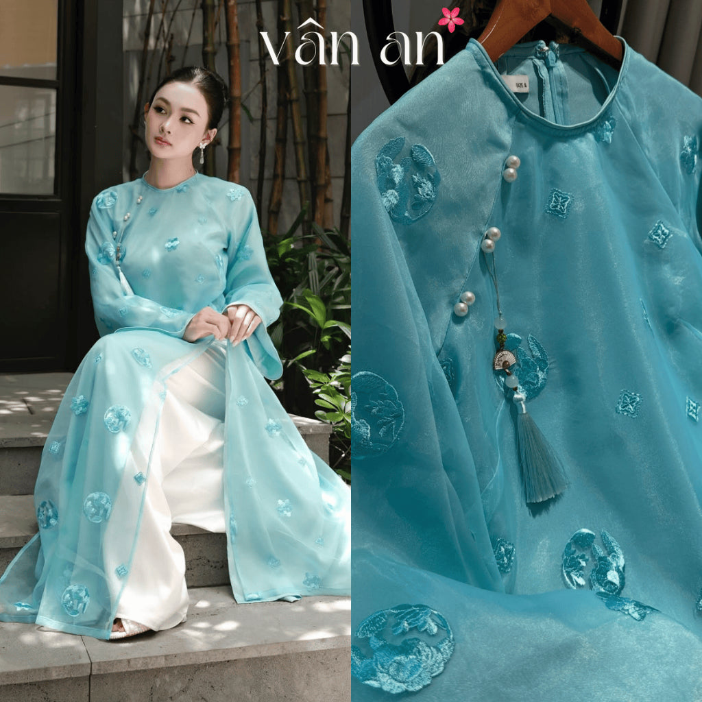 [VAN AN] NGUYET LINH Ao Dai - TET Ao Dai - Long Sleeves, Long Design with 4 Panels - Silk Material with Embroidered Cake Pattern