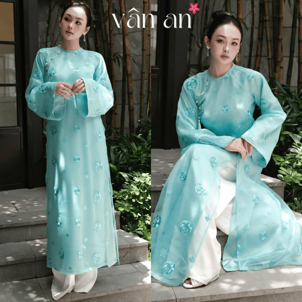 [VAN AN] NGUYET LINH Ao Dai - TET Ao Dai - Long Sleeves, Long Design with 4 Panels - Silk Material with Embroidered Cake Pattern