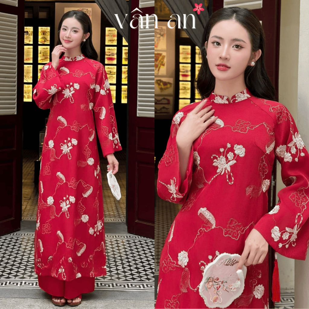 [VAN AN - TET COLLECTION 2026] HOANG TRAM Ao Dai - Long, Long Sleeves, 4 Panels - High Quality Organza Material with Glitter Embroidery