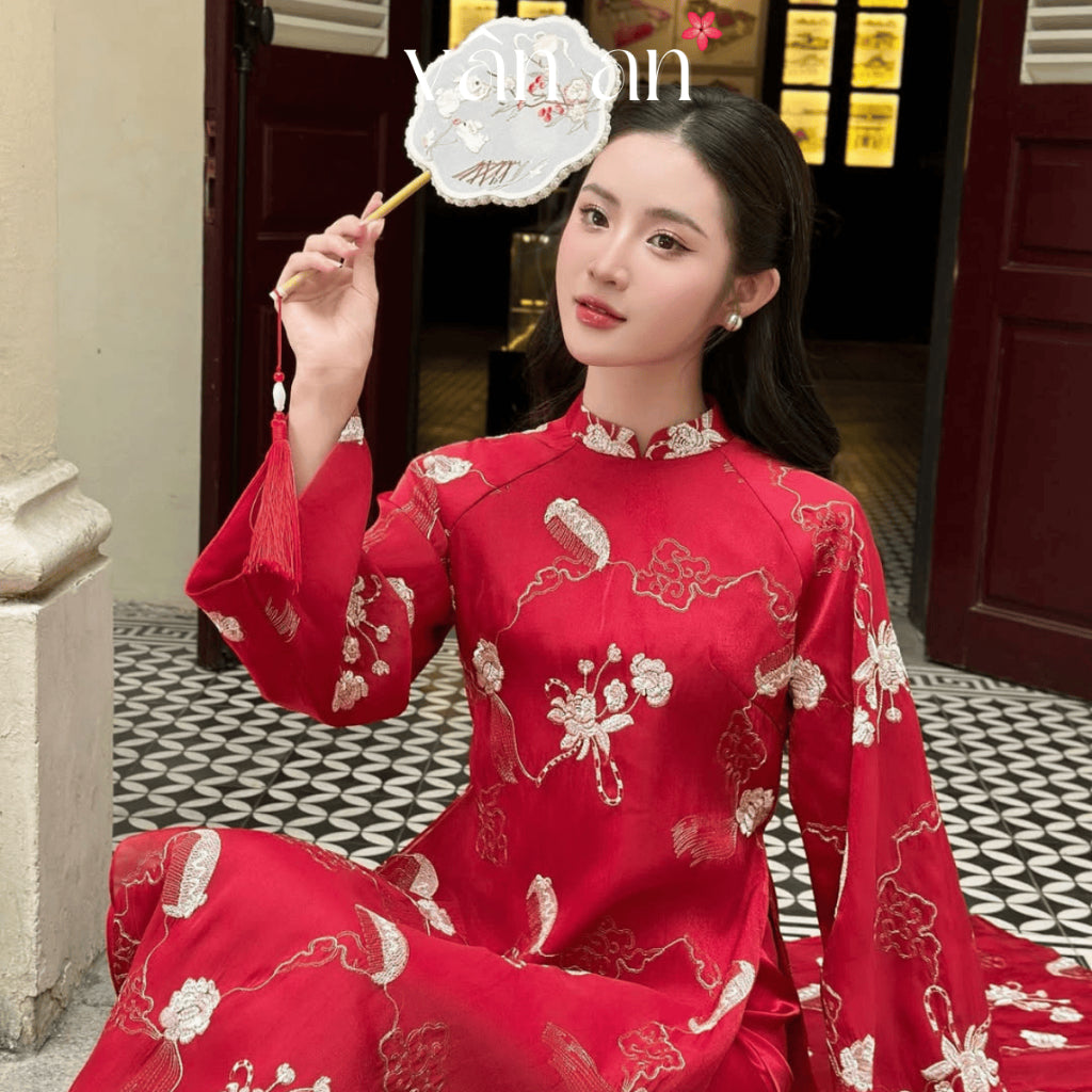 [VAN AN - TET COLLECTION 2026] HOANG TRAM Ao Dai - Long, Long Sleeves, 4 Panels - High Quality Organza Material with Glitter Embroidery