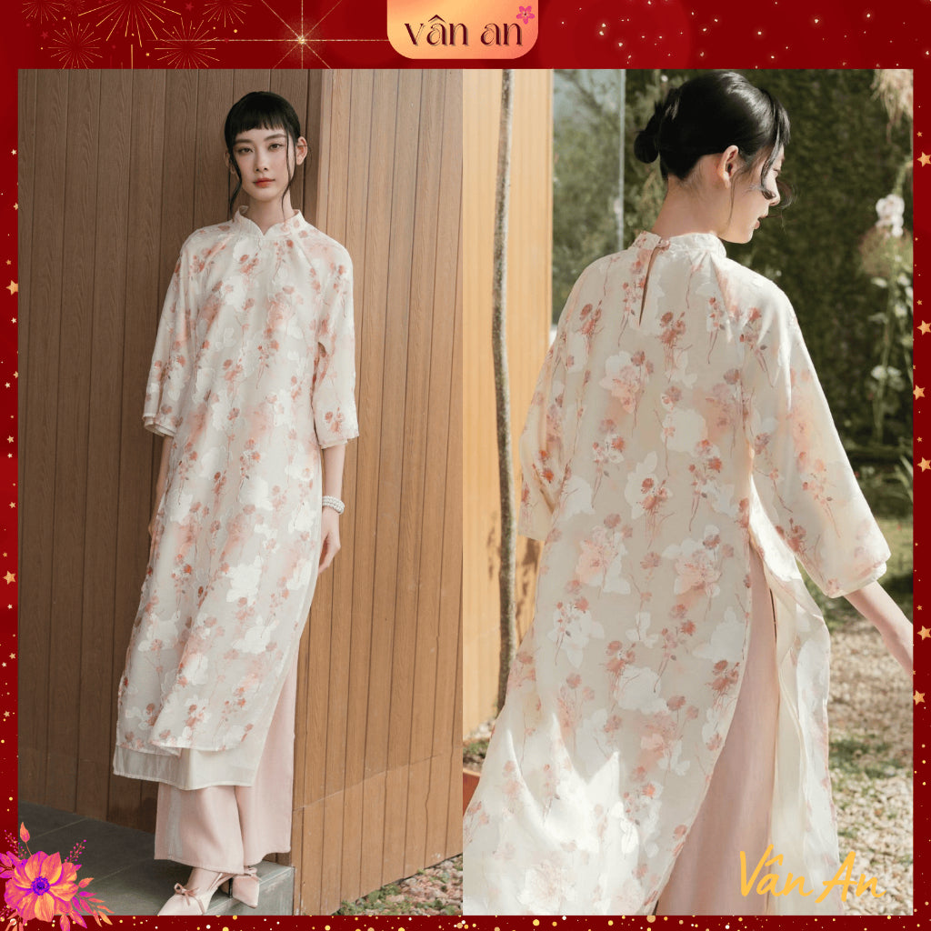 [VAN AN - TET 2026] XUAN CHI Ao Dai - Straight Fit, Half Sleeves - Premium Silk Material Printed with 3D Floral Patterns, Gentle and Graceful