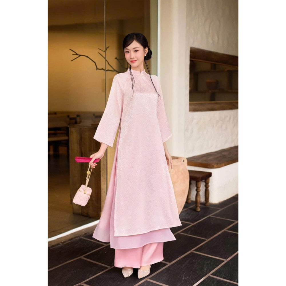 Long Ao Dai with Brocade Pattern "Tuc My" - Loose Fit, 4 Panels, High and Low Style, Modernized Ao Dai - Moc An Ao Dai 
