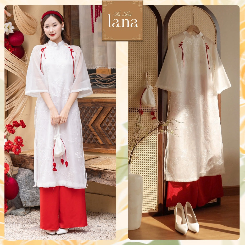 Innovative Ao Dai designed by MỘNG HỒ in white with embroidered floral motifs and red bow, made of high quality silk and silk - SD002 LANA DESIGN