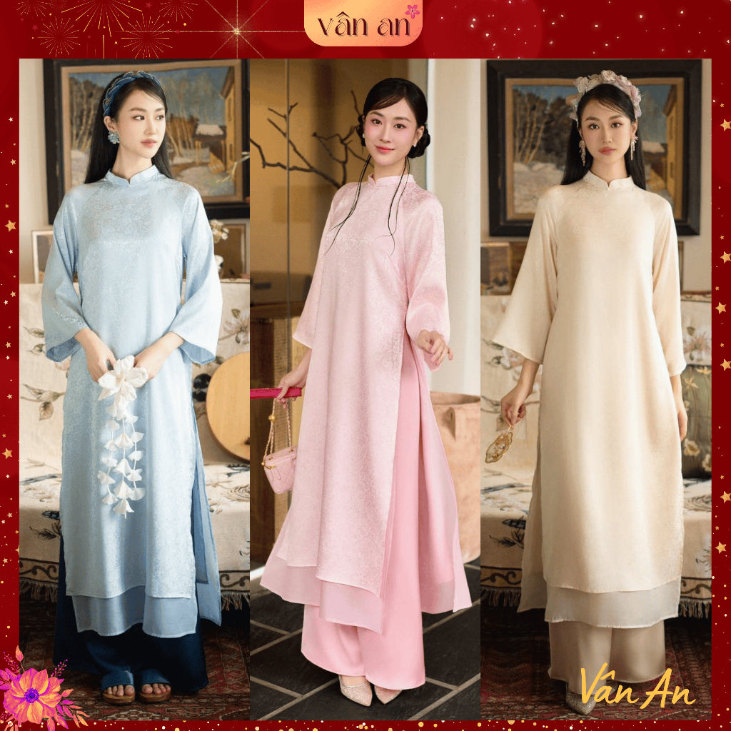 [VAN AN - TET 2026] TUC MY Ao Dai - 4-panel straight design - Silk brocade material with wind-blown floral print, pearl-studded collar - (AVAILABLE)