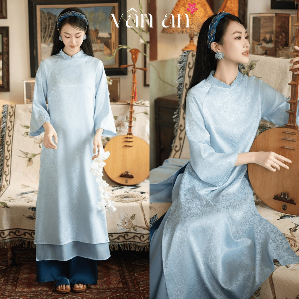 [VAN AN - TET 2026] TUC MY Ao Dai - 4-panel straight design - Silk brocade material with wind-blown floral print, pearl-studded collar - (AVAILABLE)