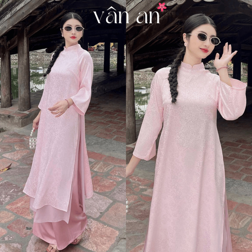 [VAN AN - TET 2026] TUC MY Ao Dai - 4-panel straight design - Silk brocade material with wind-blown floral print, pearl-studded collar - (AVAILABLE)