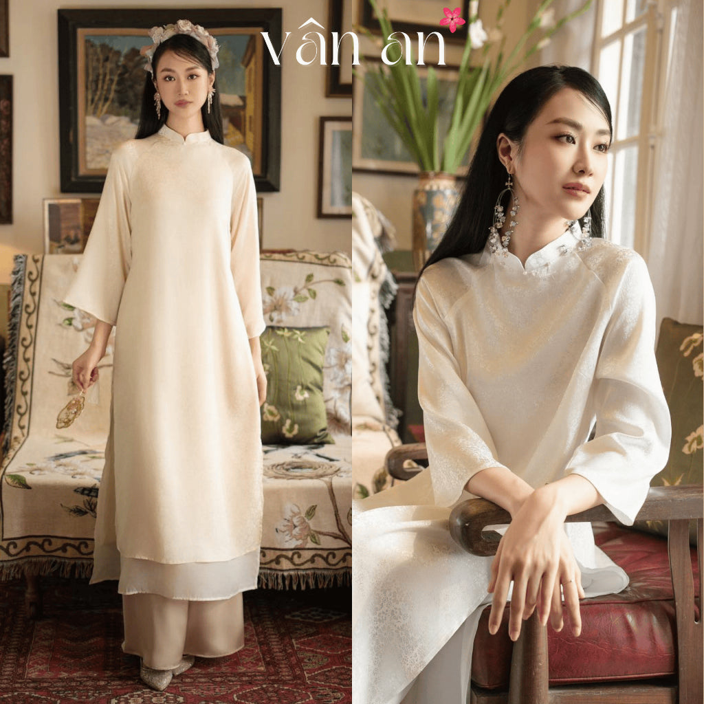 [VAN AN - TET 2026] TUC MY Ao Dai - 4-panel straight design - Silk brocade material with wind-blown floral print, pearl-studded collar - (AVAILABLE)