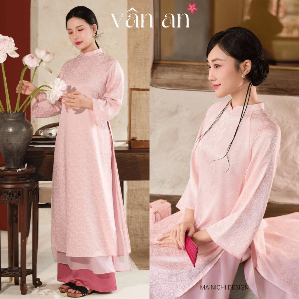 [VAN AN - TET 2026] TUC MY Ao Dai - 4-panel straight design - Silk brocade material with wind-blown floral print, pearl-studded collar - (AVAILABLE)