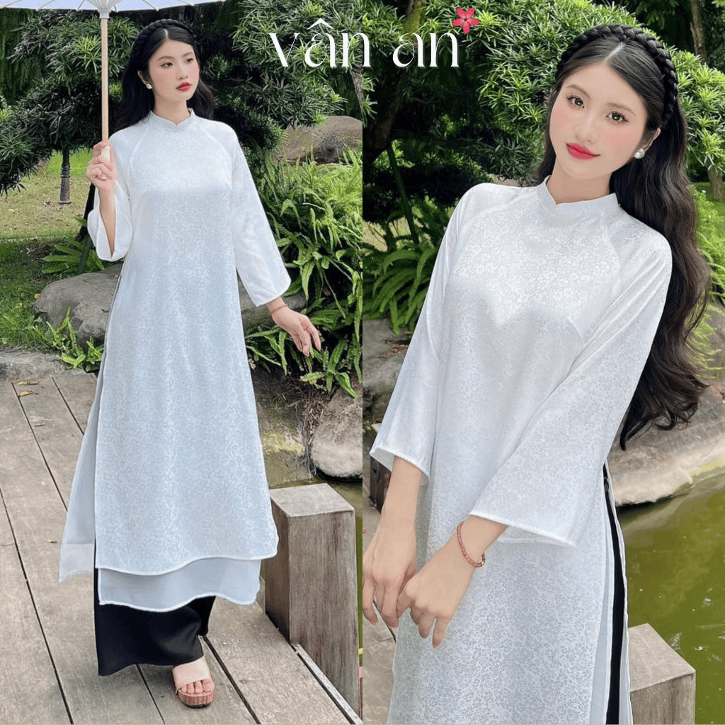 [VAN AN - TET 2026] TUC MY Ao Dai - 4-panel straight design - Silk brocade material with wind-blown floral print, pearl-studded collar - (AVAILABLE)