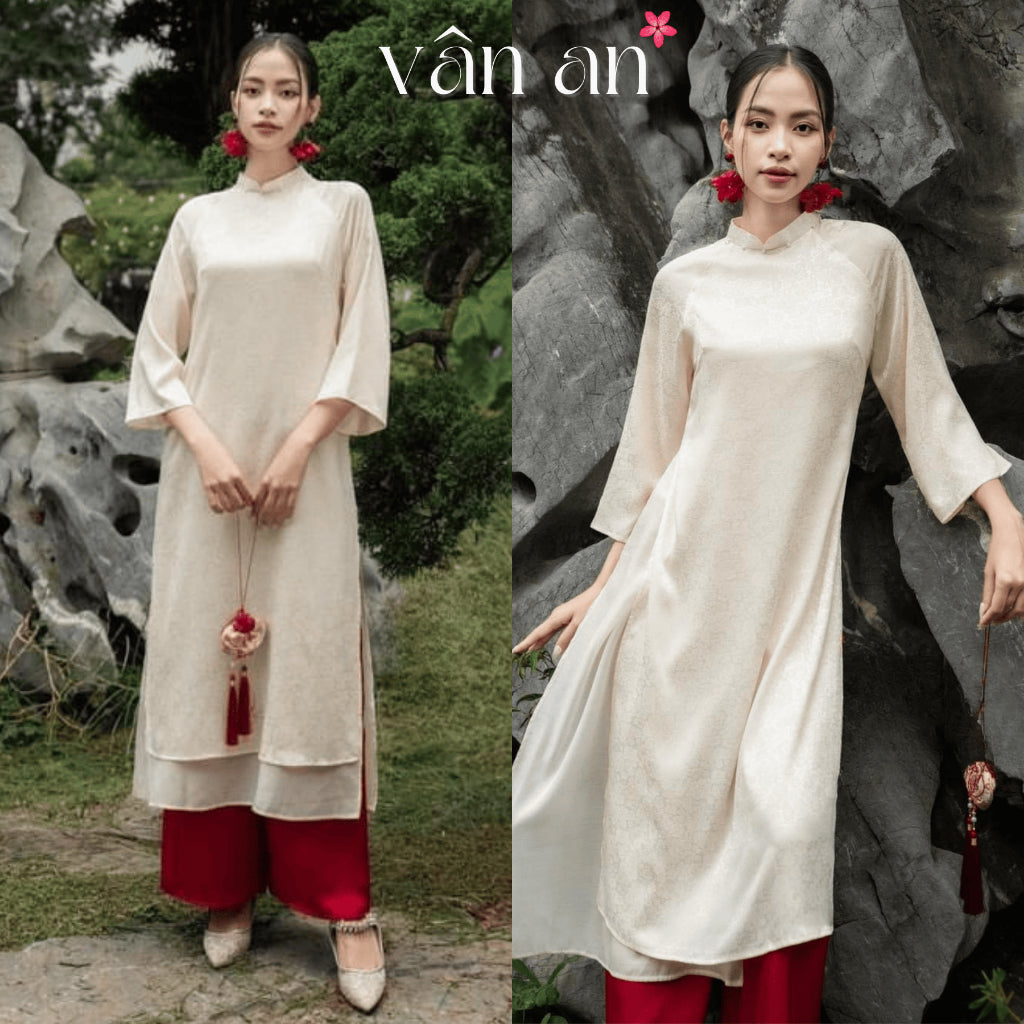 [VAN AN - TET 2026] TUC MY Ao Dai - 4-panel straight design - Silk brocade material with wind-blown floral print, pearl-studded collar - (AVAILABLE)