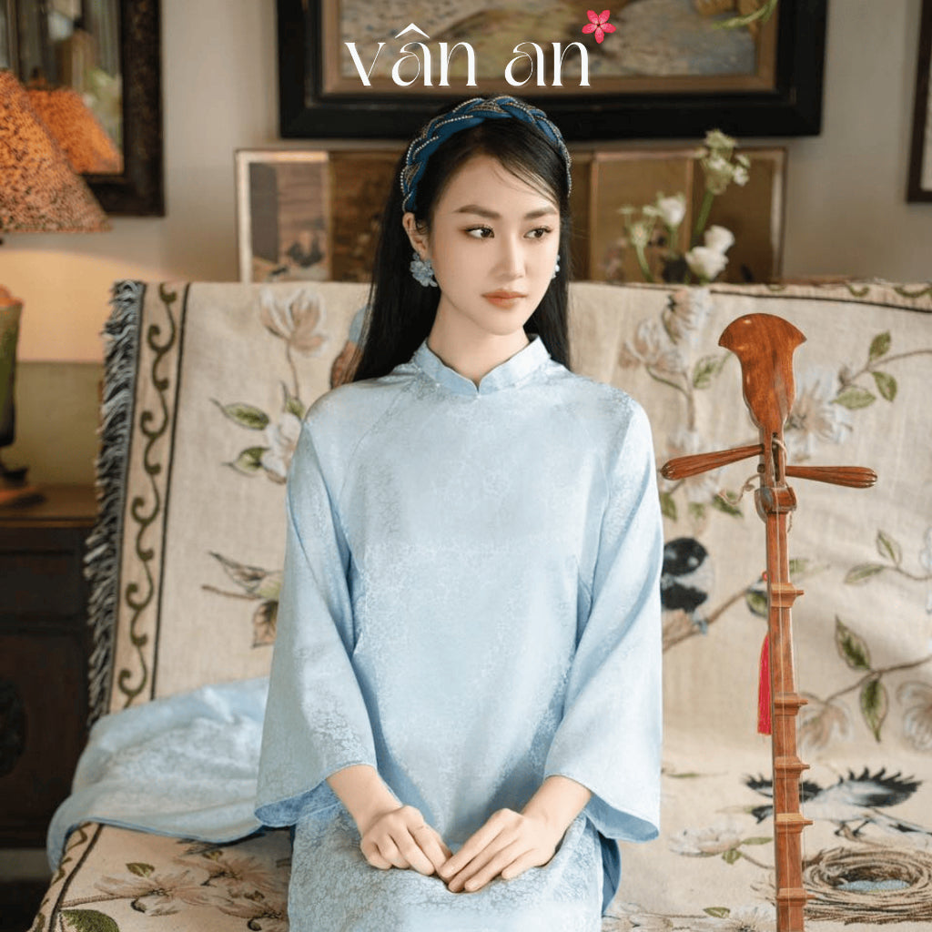 [VAN AN - TET 2026] TUC MY Ao Dai - 4-panel straight design - Silk brocade material with wind-blown floral print, pearl-studded collar - (AVAILABLE)