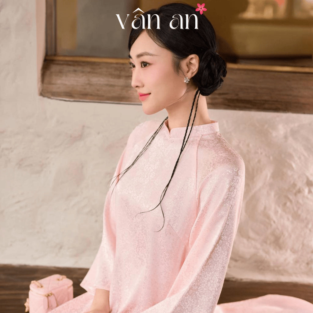 [VAN AN - TET 2026] TUC MY Ao Dai - 4-panel straight design - Silk brocade material with wind-blown floral print, pearl-studded collar - (AVAILABLE)