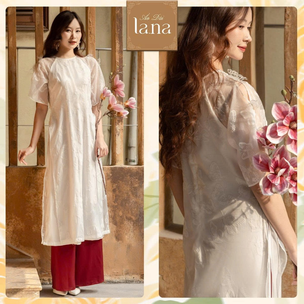 Ngoc Diep designed women's ao dai with butterfly embroidery pattern, made of velvet-pressed silk mixed with high-quality Latin silk - SD007 LANA DESIGN