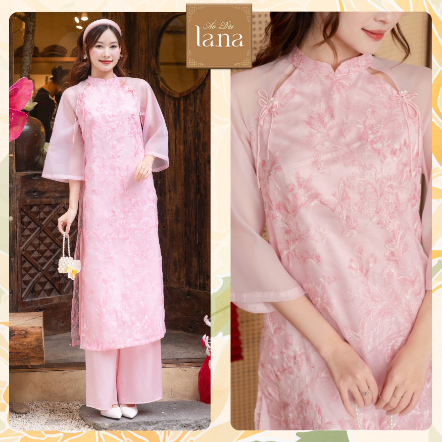 Thai Anh Hong designed Ao Dai with straight cut and short sleeves, mirror silk material embroidered with embossed floral motifs - SD016 LANA DESIGN