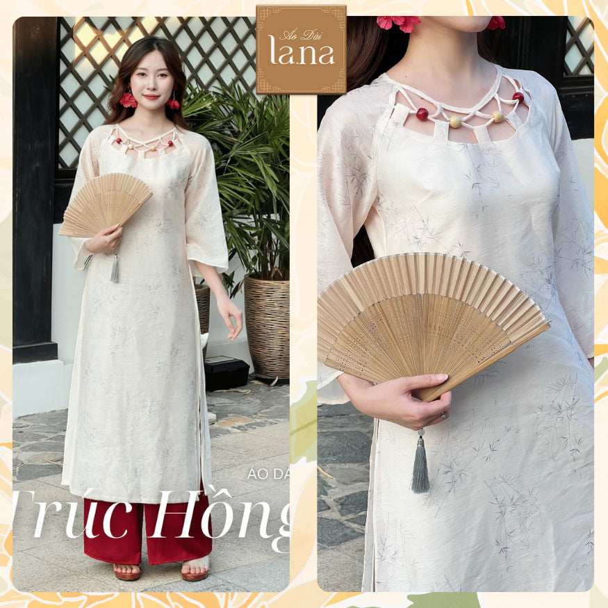Truc Hong innovative ao dai with bamboo motifs and pearl silk, stylized collar with wooden beads – SD010 LANA DESIGN