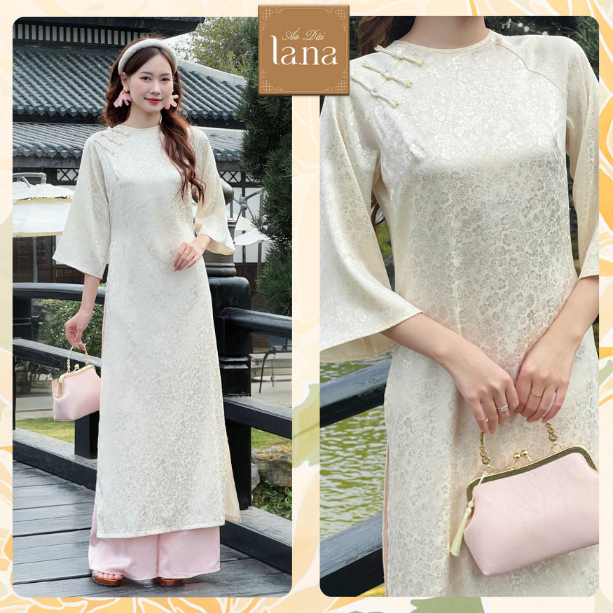 NHU YEN designer ao dai in beige with floral brocade pattern and delicate pearl buttons, high-quality silk material – SD003 LANA DESIGN