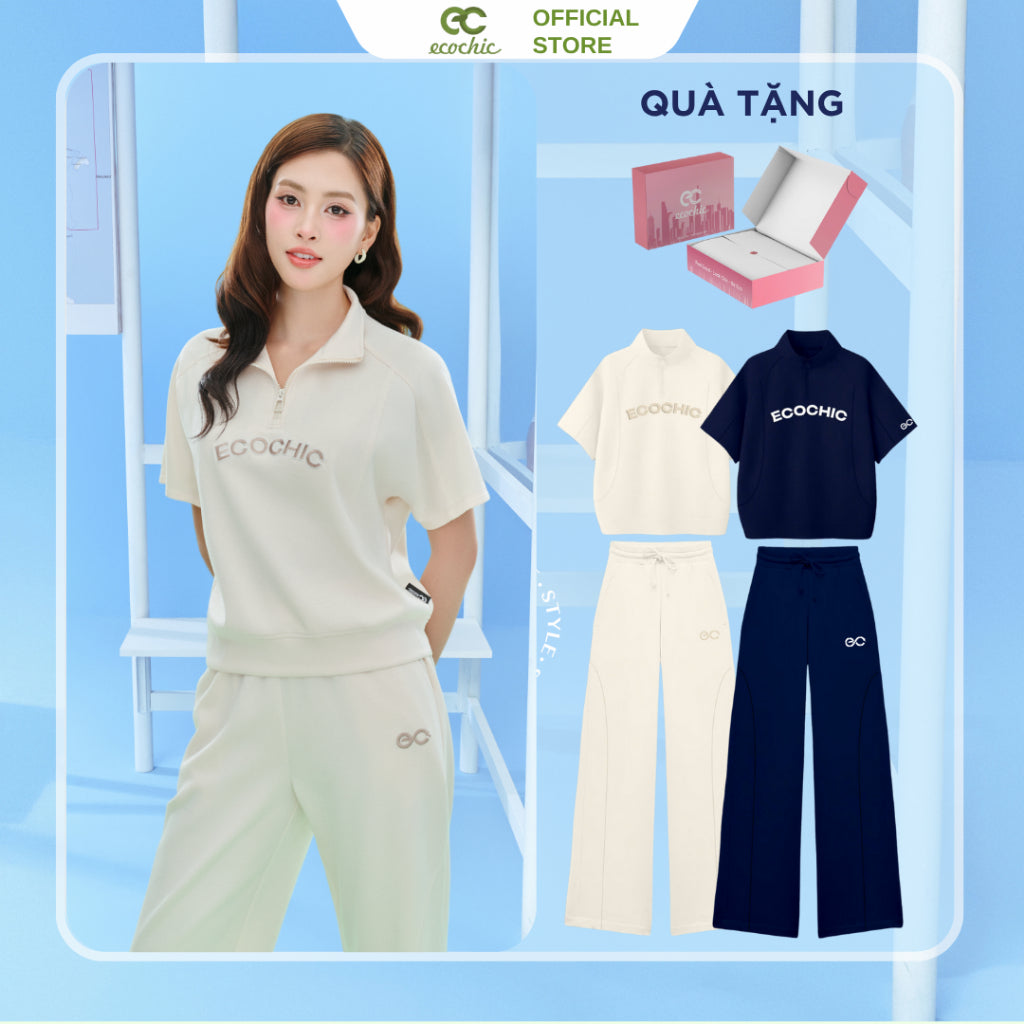 Set Bộ ECOCHIC FRERCE WINK SET Áo Tay Lỡ Cổ Cao Halfzip Quần Dài Cạp Cao Phối Logo EC Cao Cấp Chính Hãng B142