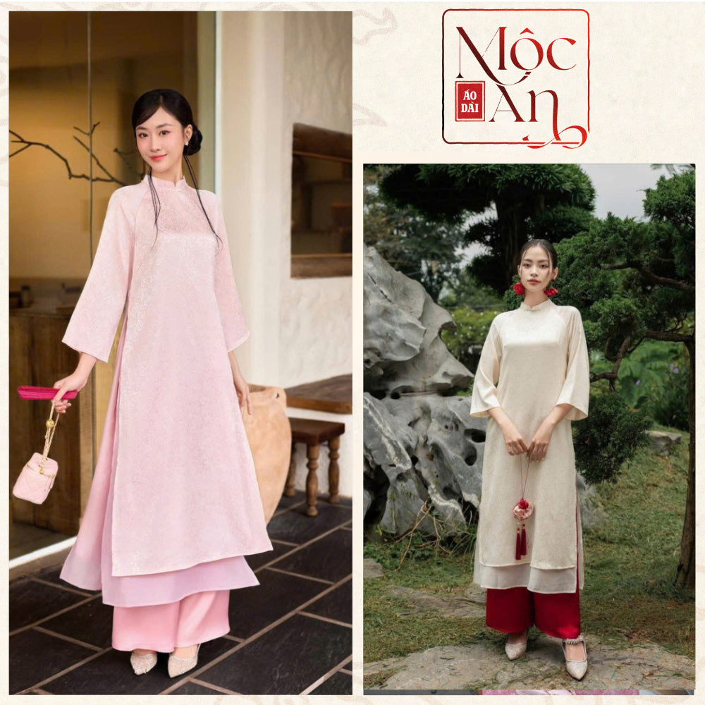 Long Ao Dai with Brocade Pattern "Tuc My" - Loose Fit, 4 Panels, High and Low Style, Modernized Ao Dai - Moc An Ao Dai 
