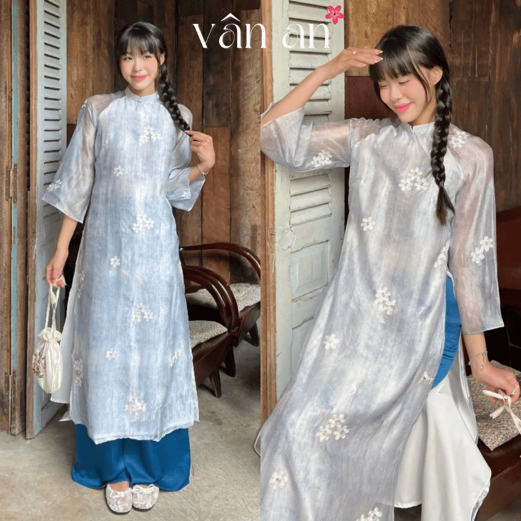 [VAN AN - TET 2026] NEW YEAR Ao Dai - Straight Fit, Half Sleeves with 4 Panels - Silk Material Embroidered with Elegant Apricot Blossom Pattern