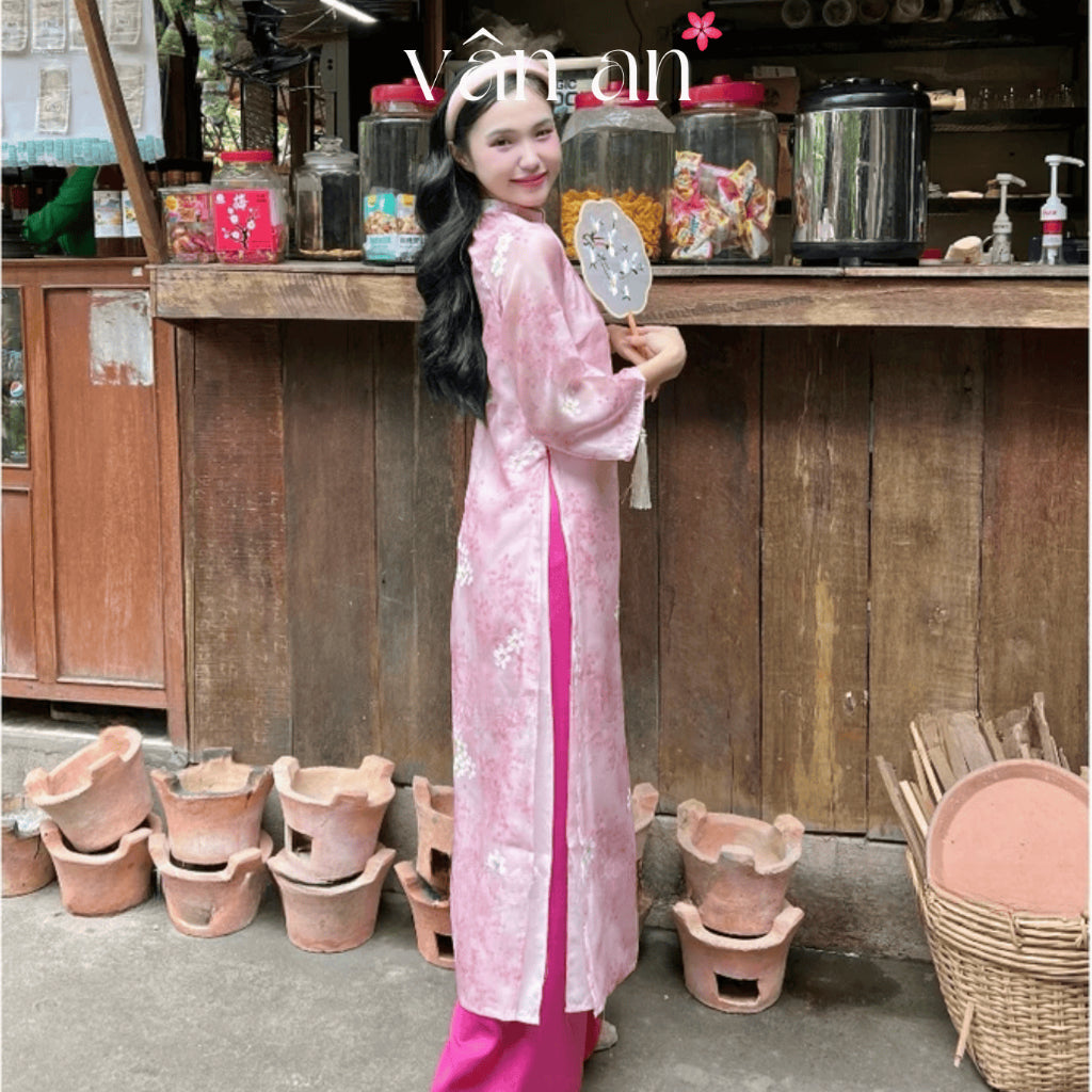 [VAN AN - TET 2026] NEW YEAR Ao Dai - Straight Fit, Half Sleeves with 4 Panels - Silk Material Embroidered with Elegant Apricot Blossom Pattern