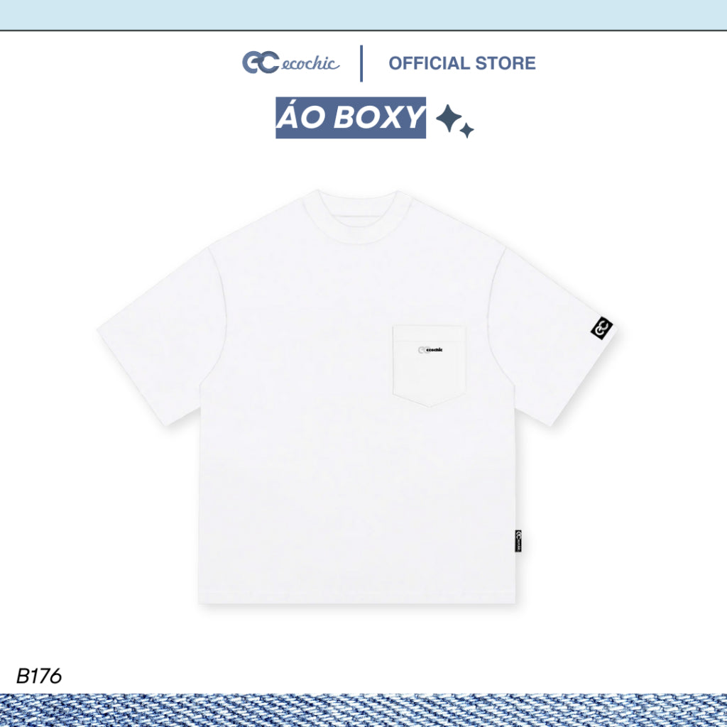 ECOCHIC T-Shirt Boxy Form Loose Boxy Men's and Women's T-Shirt With Chest Pocket 2-Way Cotton Basic Easy to Mix and Match Genuine B176 