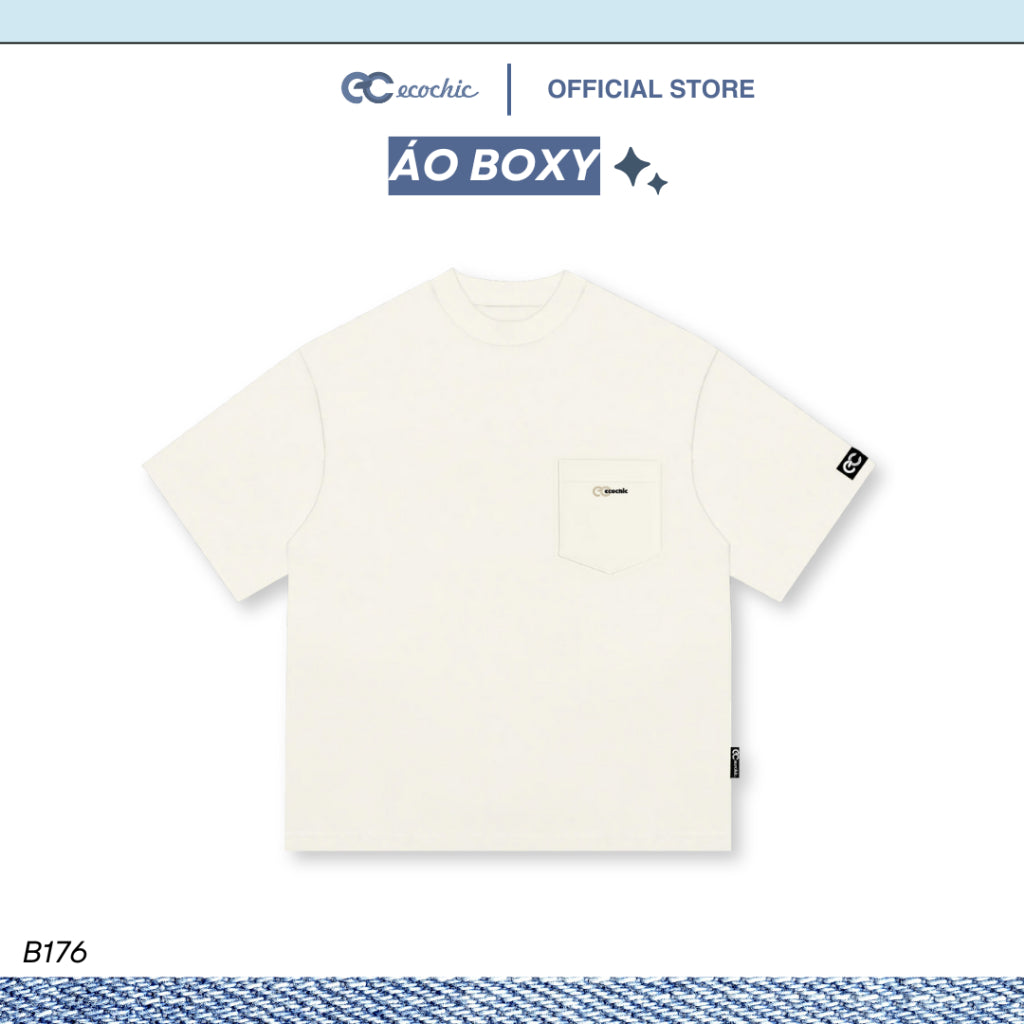 ECOCHIC T-Shirt Boxy Form Loose Boxy Men's and Women's T-Shirt With Chest Pocket 2-Way Cotton Basic Easy to Mix and Match Genuine B176 