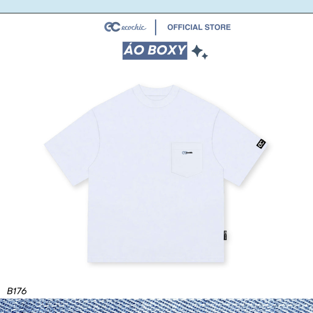 ECOCHIC T-Shirt Boxy Form Loose Boxy Men's and Women's T-Shirt With Chest Pocket 2-Way Cotton Basic Easy to Mix and Match Genuine B176 