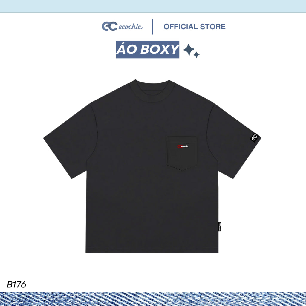 ECOCHIC T-Shirt Boxy Form Loose Boxy Men's and Women's T-Shirt With Chest Pocket 2-Way Cotton Basic Easy to Mix and Match Genuine B176 