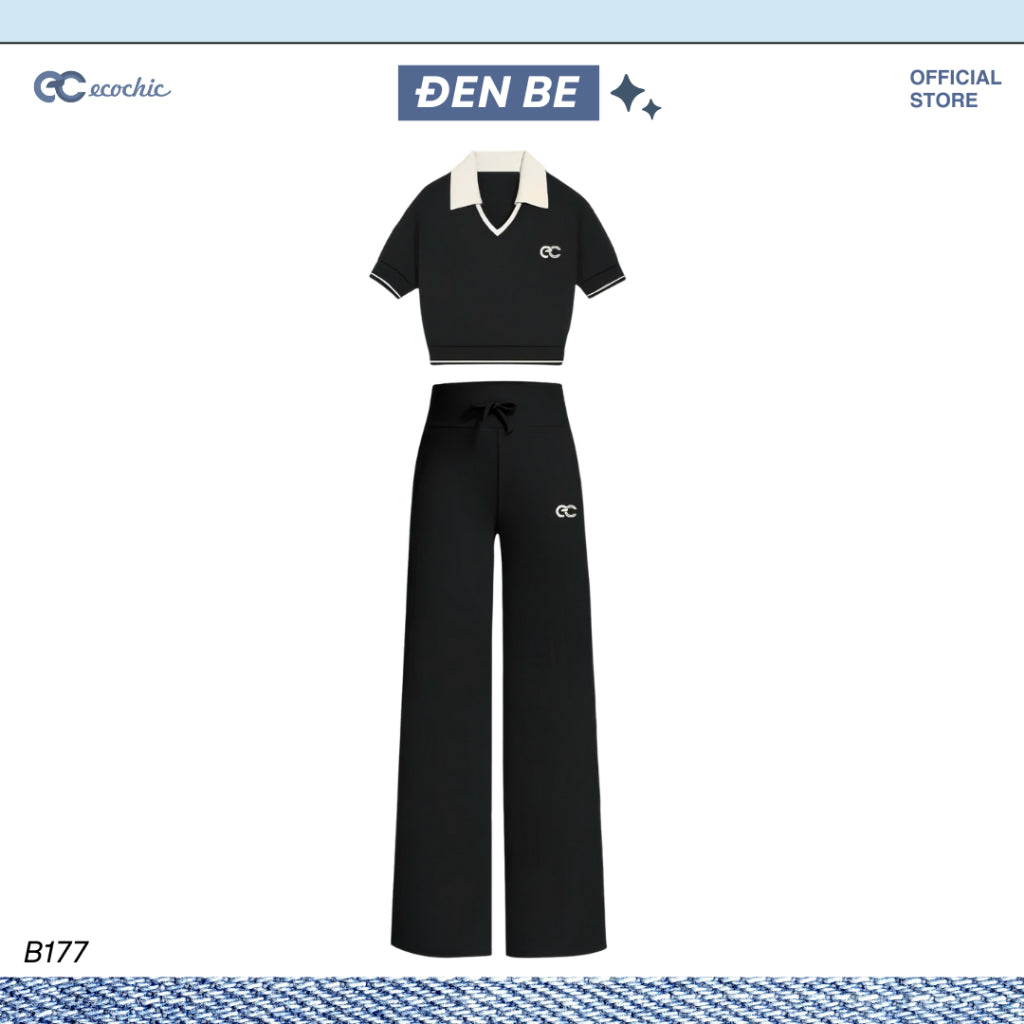 Set of ECOCHIC VINTAGE AGE Croptop V-neck Polo Shirt, High-waisted Straight-leg Pants, High-quality, Soft, Genuine Material B177 