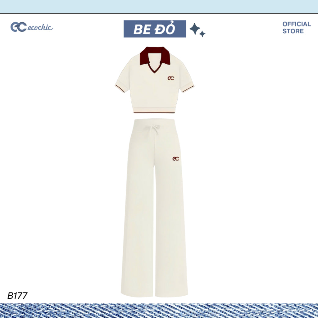 Set of ECOCHIC VINTAGE AGE Croptop V-neck Polo Shirt, High-waisted Straight-leg Pants, High-quality, Soft, Genuine Material B177 