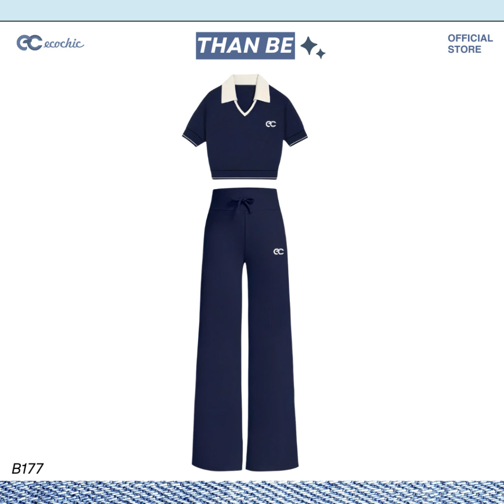 Set of ECOCHIC VINTAGE AGE Croptop V-neck Polo Shirt, High-waisted Straight-leg Pants, High-quality, Soft, Genuine Material B177 