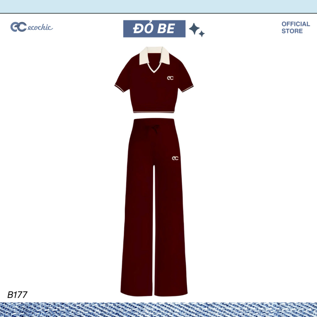 Set of ECOCHIC VINTAGE AGE Croptop V-neck Polo Shirt, High-waisted Straight-leg Pants, High-quality, Soft, Genuine Material B177 