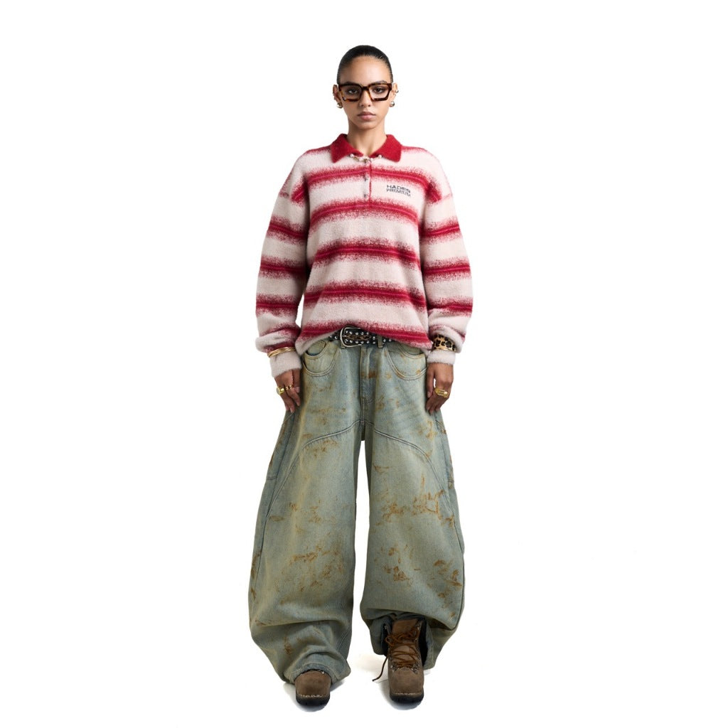 HADES Cozy Stripe Polo Sweater - Unisex red wool long-sleeved polo shirt - Genuine HADES Brand