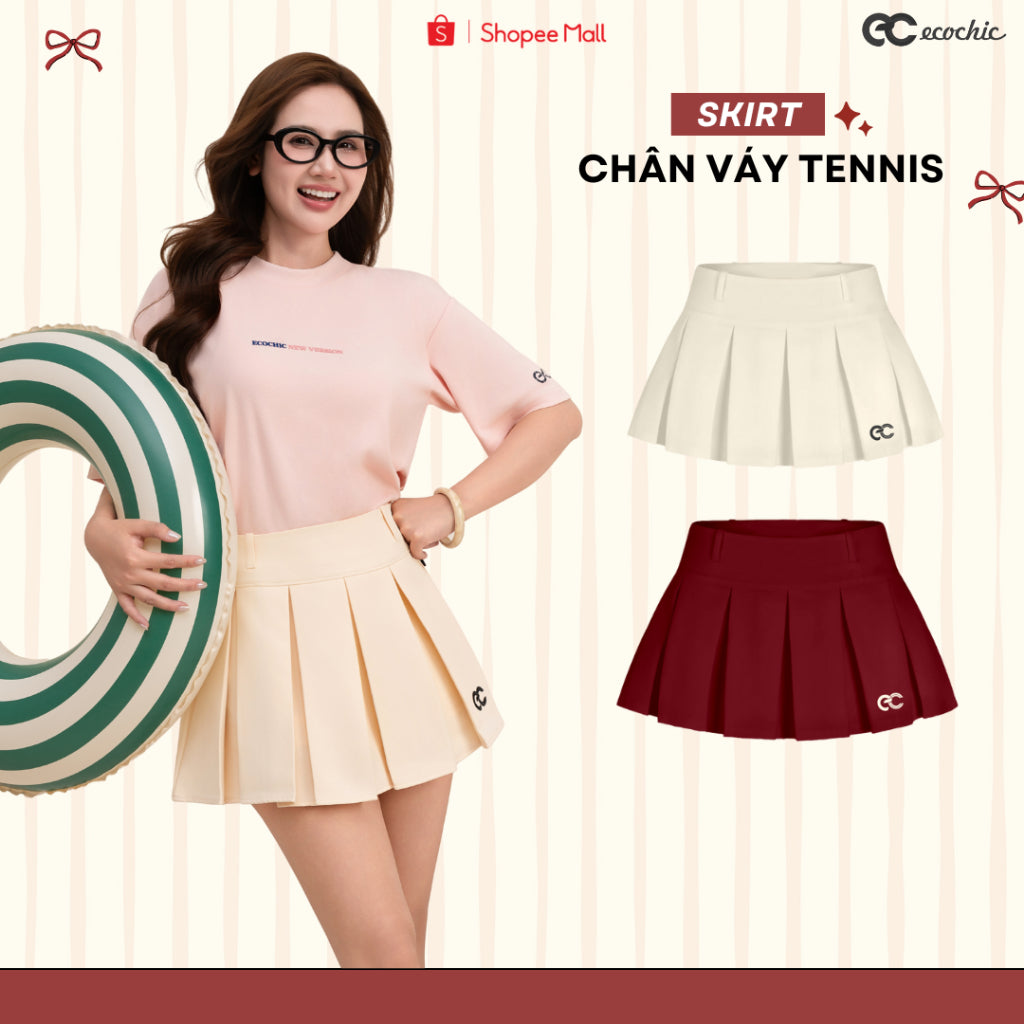 Chân Váy Xếp Ly ECOCHIC Bản To Dáng Xoè Ngắn Logo Thêu Cạp Eo Tennis Skirt Có Quần Lót Trong Chính Hãng B172