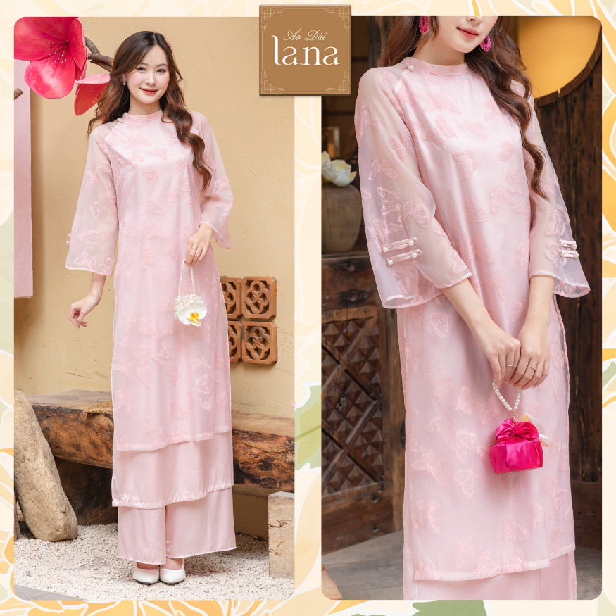 Hong Diep feminine ao dai with hidden velvet butterfly pattern, modernized ao dai made of high-quality silk, pink color - SD005