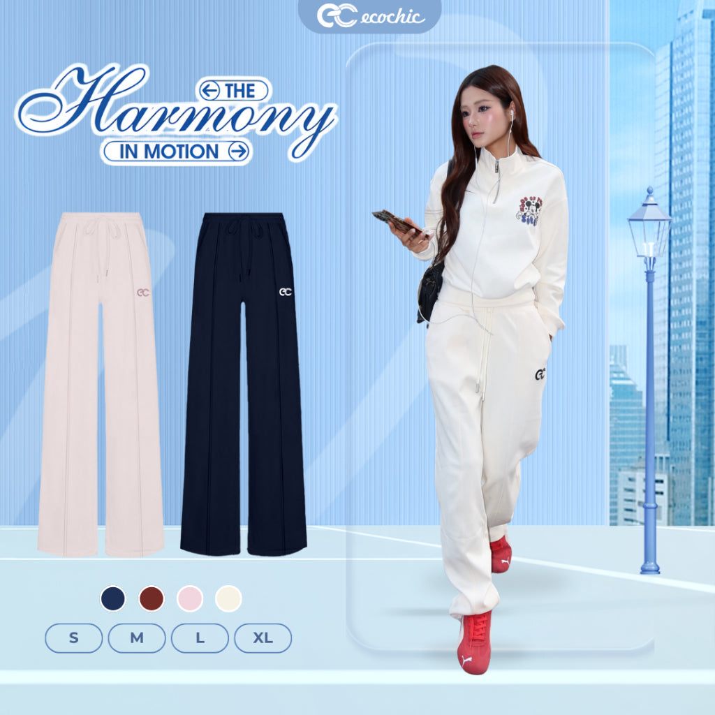 ECOCHIC MICKEY Wide-Leg Pants with Striped Embroidered Logo - Premium Soft Fabric HNH B215