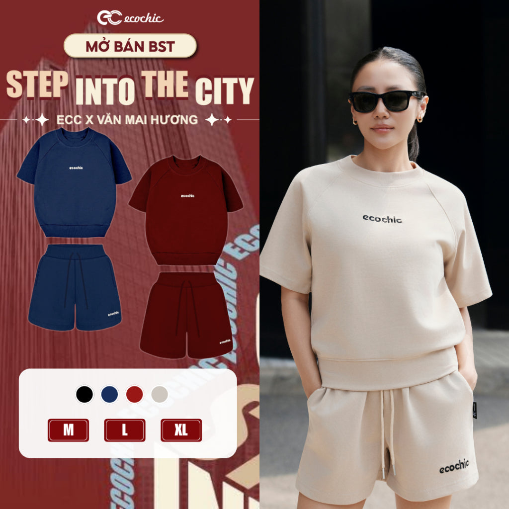 Set Bộ Đùi Ecochic Áo Cổ Tròn Basic Logo Thêu Quần Ngắn Cạp Chun Chất Liệu Cao Cấp B224