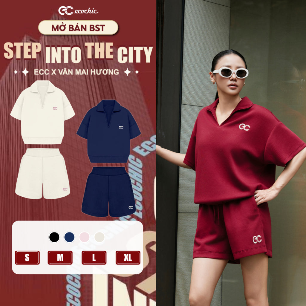 Set Bộ Đùi Form Rộng Ecochic Áo cổ V Polo Logo Thêu Quần Ngắn Cạp Chun Chất Liệu Cao Cấp Chính Hãng B227