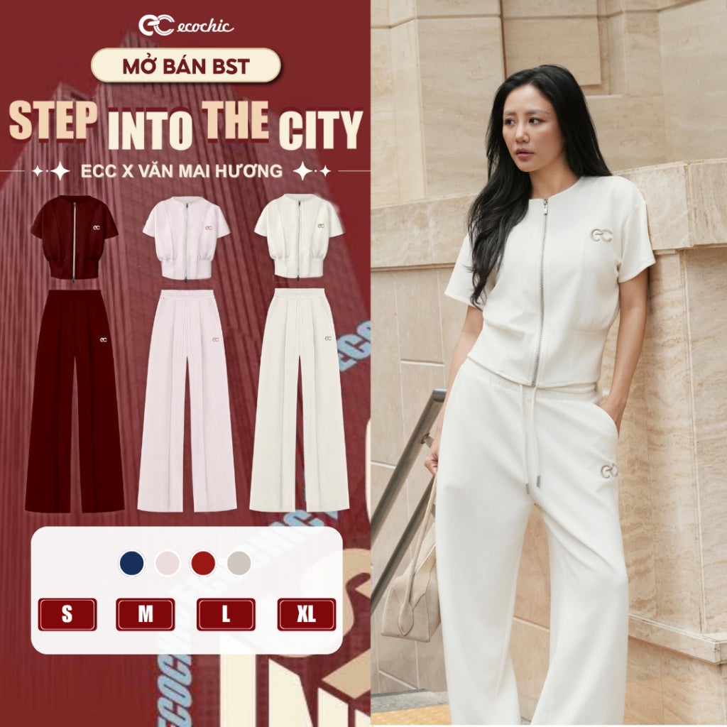 Set Bộ Cổ Tròn Ecochic Áo Crop Ngắn Bo Nhẹ Khoá Kéo Logo Thêu Quần Suông Chất Liệu Cao Cấp Chính Hãng B228