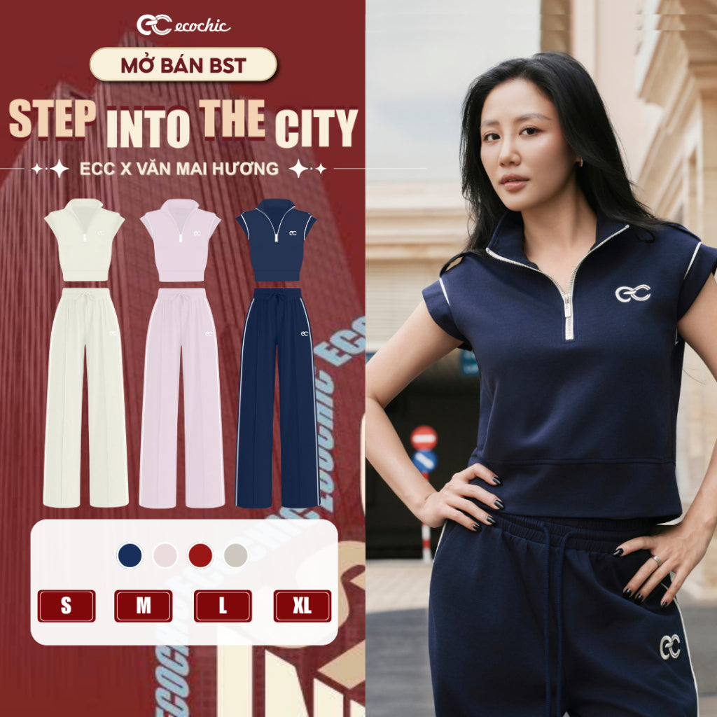 ECOCHIC Sleeveless Top and Wide-Leg Pants Set with Half-Zip Neckline, Embroidered Logo, and Premium Fabric - Genuine B229