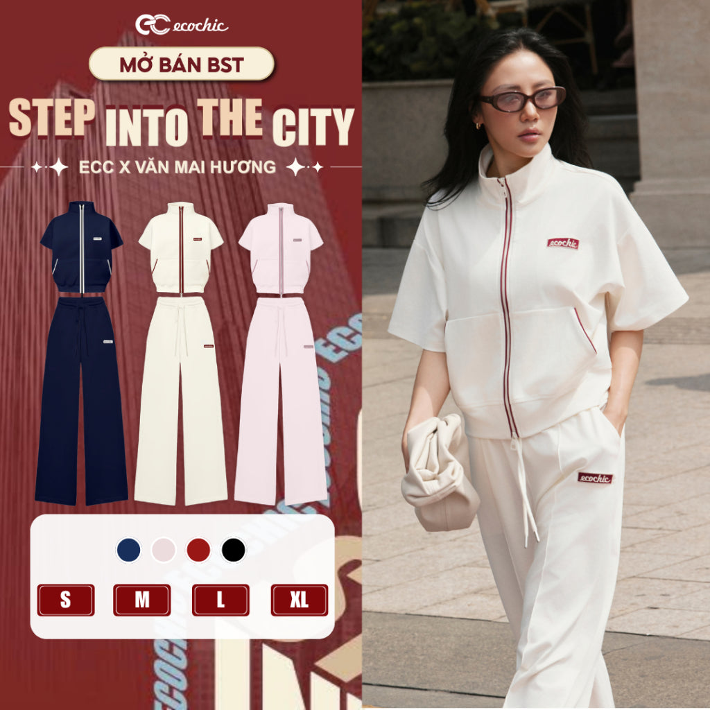 Ecochic 2-Piece Set with Embroidered Logo Crop Top and High-Quality Wide-Leg Pants B230