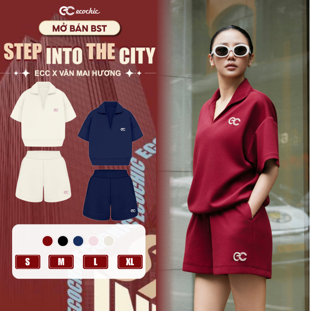 Set Bộ Đùi Form Rộng Ecochic Áo cổ V Polo Logo Thêu Quần Ngắn Cạp Chun Chất Liệu Cao Cấp Chính Hãng B227